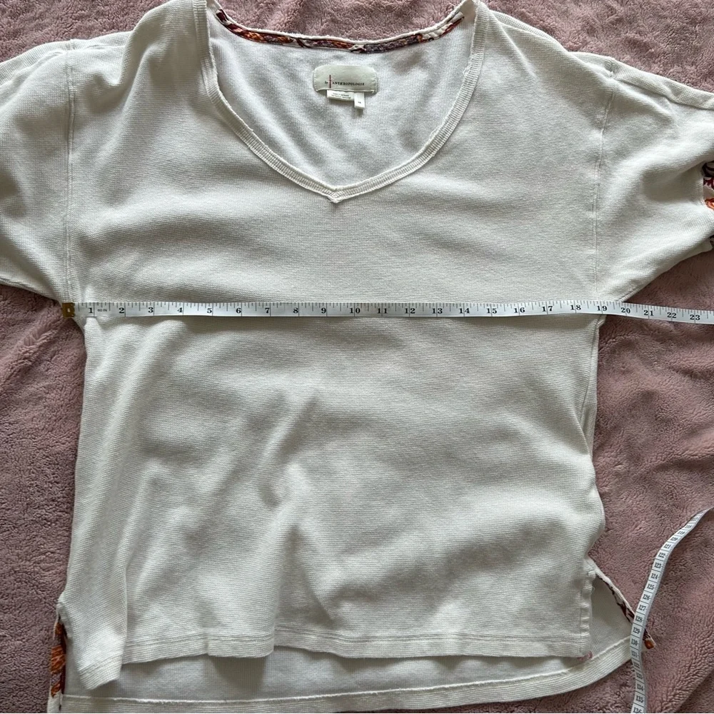 Anthropologie Waffle Knit Top Women's XS Cream Burgundy Floral Long Puff Sleeve